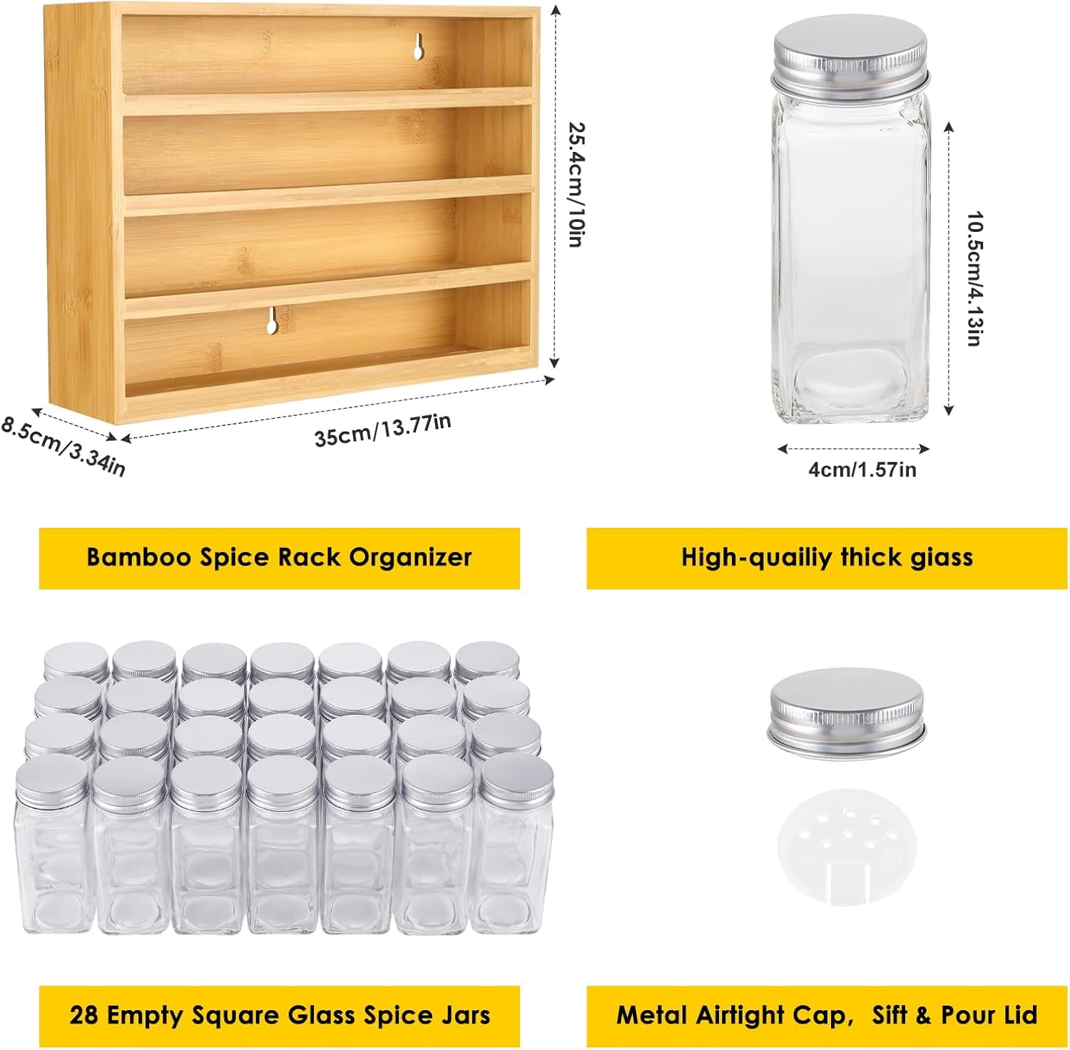 Bamboo Spice Rack Organizer With 28 Spice Jars, 780 Labels, 4 Tier Wood ...
