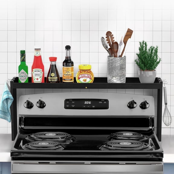 Bamboo Spice Shelf Over Stove, 31.5-Inch Rack Organizer with 6 Hooks, 11.4" Height Countertop Storage, Easy to Assemble
