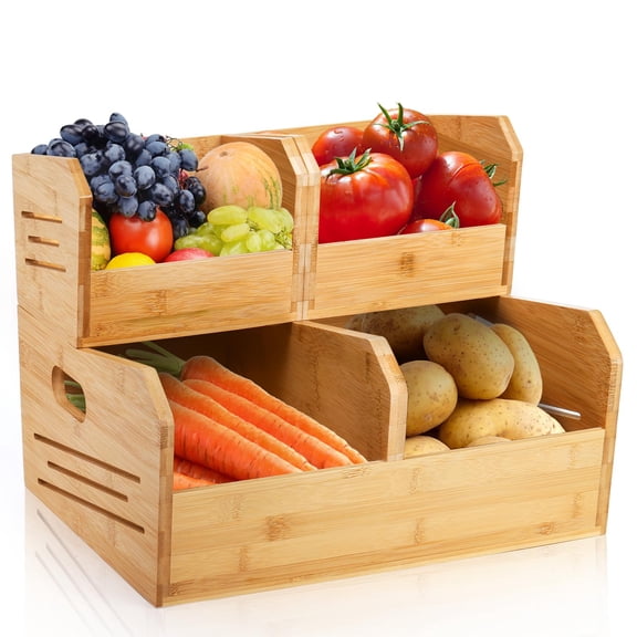 Bamboo Stackable Storage Bins with Handles 3 Pack for Pantry Kitchen Organization