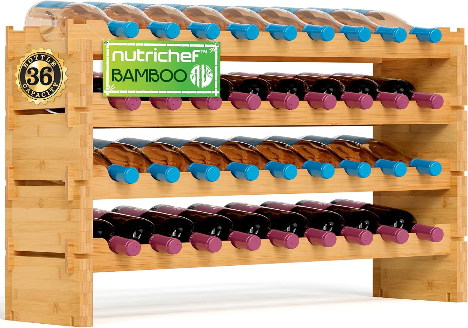Bamboo Stackable Wine Organizer Rack, 4-Tier 36 Bottle Capacity Wine ...