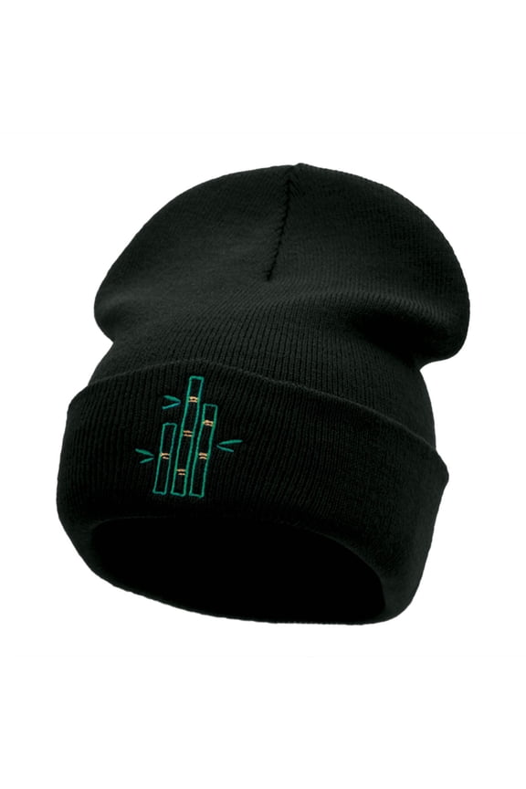 Bamboo Stalks Embroidered 12 Inch Long Knitted Beanie - Black OSFM