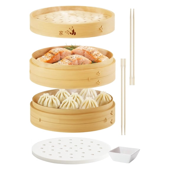 Bamboo Steamer Basket 10-Inch | 2-Tier Steamer for Cooking | 50 Liners, Chopsticks, Sauce Dish | Steaming Asian Food, Bao Buns, Chinese, Dim Sum, Dumpling, Rice, Vegetable Steam Pot