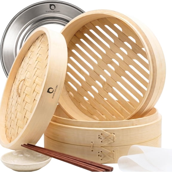 Bamboo Steamer Basket - 10 Inch Extra Deep Dumpling Steamer for Cooking - Steam Baskets for Pots & Woks - Dim Sum Bao Bun Soup Dumpling Rice Vegetable - Inc Liners, Stainless Steel Ring