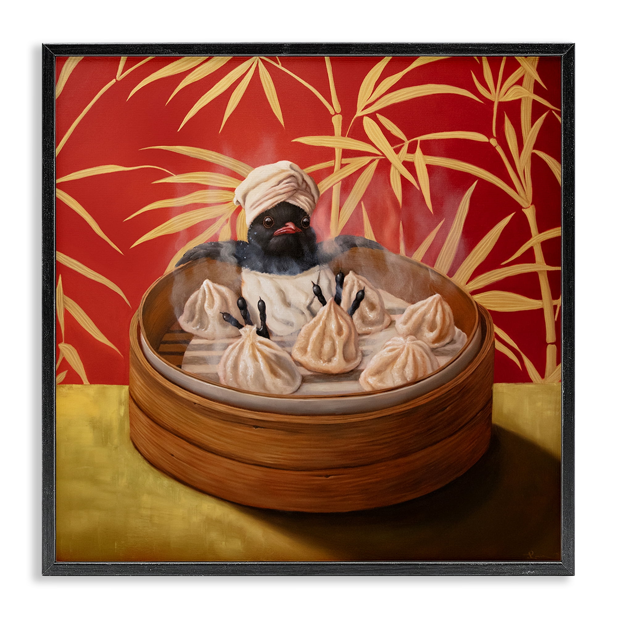 Bamboo Steamer Bird Black Framed Giclee Art, design by Lucia Heffernan