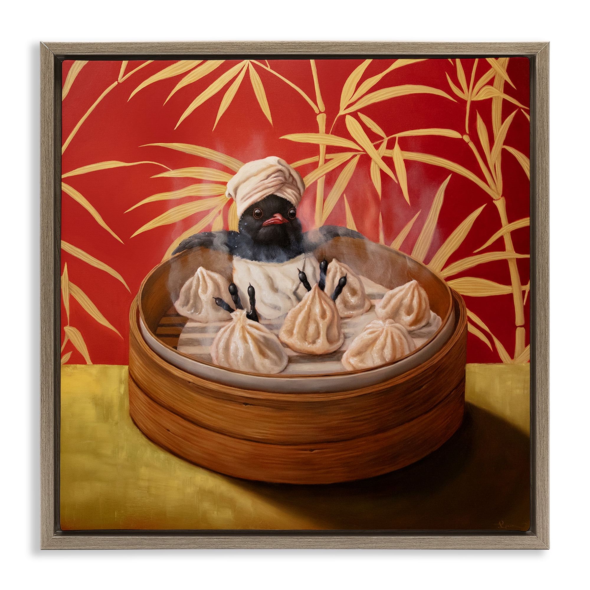 Bamboo Steamer Bird Brown Framed Floater Canvas Wall Art, design by Lucia Heffernan