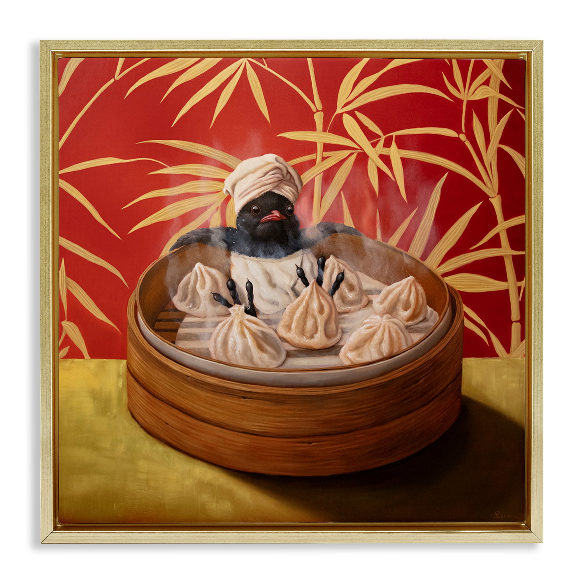 Bamboo Steamer Bird Gold Framed Floater Canvas Wall Art, design by Lucia Heffernan