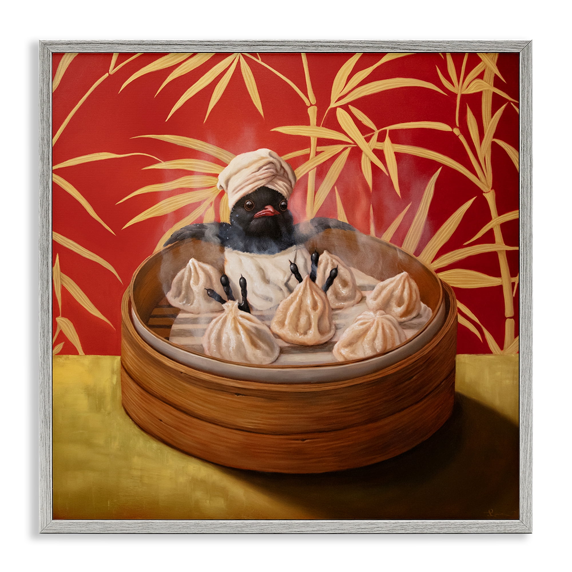 Bamboo Steamer Bird Gray Framed Giclee Art, design by Lucia Heffernan
