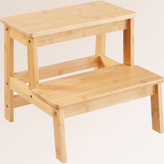 Bamboo Step Stool, Wooden Stepping Stool for Kitchen/Bathroom/Bedside, Double Step - Holds up to 350Lb (Natural Wood)