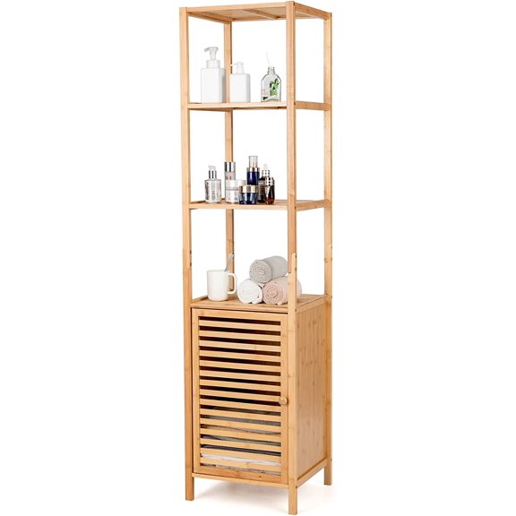 Bamboo Storage Cabinet, 4-Tier Slim Shelving Unit with Shutter Door & Anti-Toppling Device, Freestanding Tower Corner Rack Floor Cabinet for Bathroom, Living Room, Kitchen, Natural