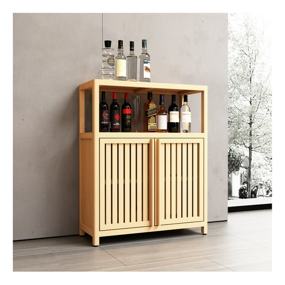 Bamboo Storage Cabinet - Freestanding Bathroom & Living Room Organizer - 2 Door Floor Cabinet with Shelves - Natural Wood Finish