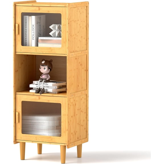 Bamboo Storage Cabinet, Kitchen Buffet Cabinet with Open Compartment, 3-Cube Bookshelf with 2 Single Doors, Corner Display Cabinet for Living Room, Dining Room, Small Spaces, Natural