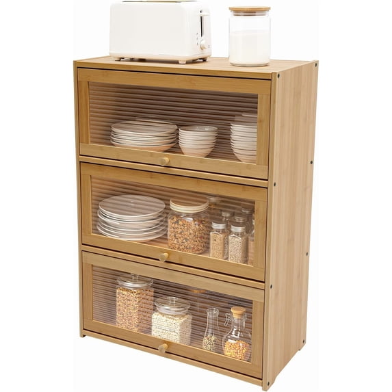 Bamboo Storage Cabinet Kitchen Pantry Sideboard with Acrylic Door Corner Bread Box Countertop Cabinet for Spice Seasoning Bottles Dish Bowl Food Storage (Beige, 3 Tier)