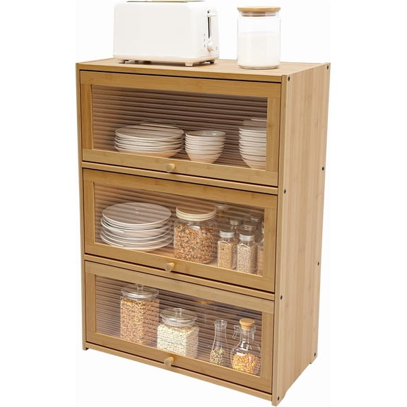 Bamboo Storage Cabinet Kitchen Pantry Sideboard with Acrylic Door Corner Bread Box Countertop Cabinet for Spice Seasoning Bottles Dish Bowl Food Storage (Beige, 3 Tier)