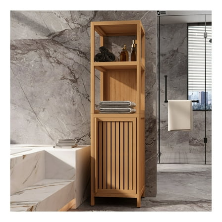 Bamboo Storage Cabinet, Multifunctional Bathroom Linen Tower - Living Room, Bedroom Organizer - Tall Slim Shelves with Doors