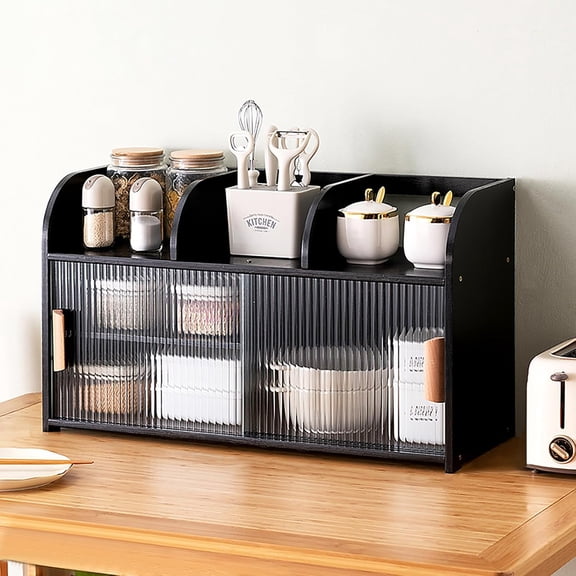 Bamboo Storage Cabinet, Small Pantry Sideboard with Sliding Doors 3 Open Compartments Dining Cupboard Countertop Organizer for Kitchen