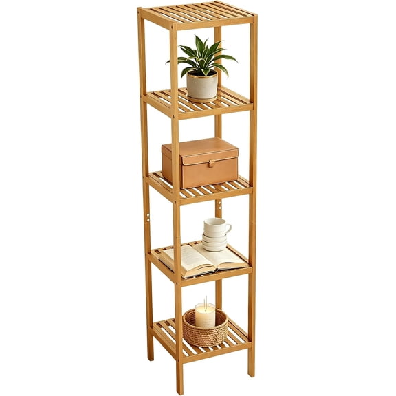 Bamboo Storage Shelf, 5-Tier Freestanding Organizer, Narrow Corner Shelving Unit for Entryway, Bathroom, Living Room, Balcony, Kitchen, Natural Bamboo