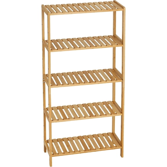 Bamboo Storage Shelf 5-Tier Multifunctional Shelving Unit with Slatted Shelves Standing Towel Rack Corner Rack for Bathroom Entryway Bedroom Kitchen Living Room Balcony 24 x 10 x 51 Inches