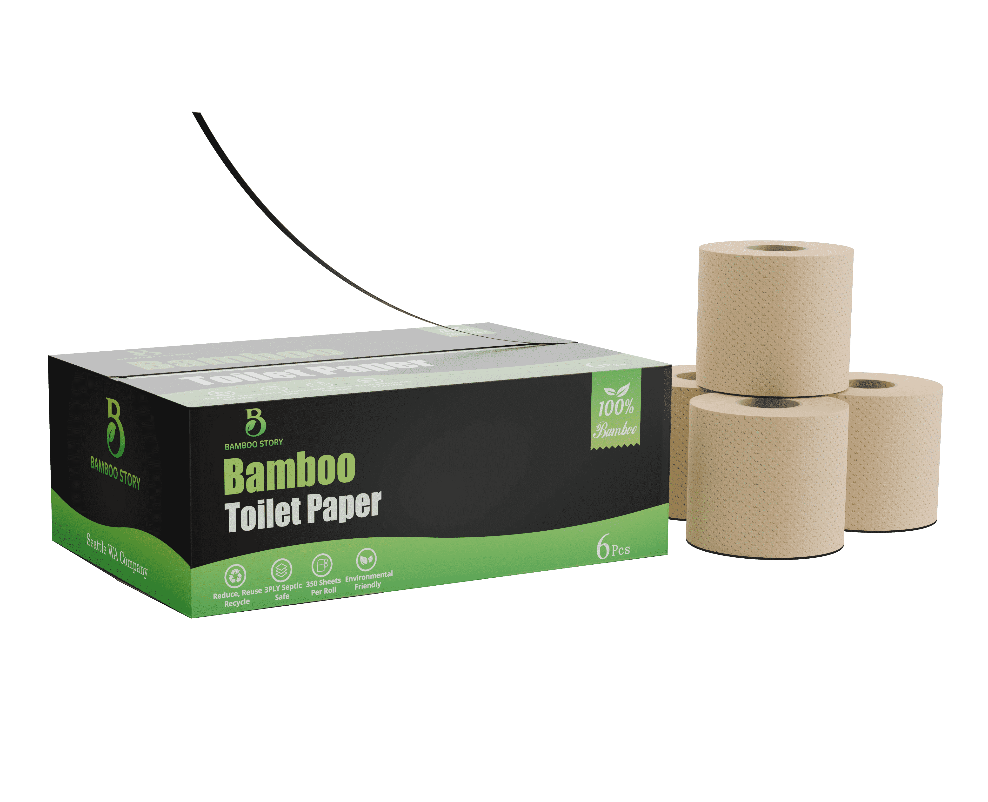 Bamboo Story Bamboo Toilet Paper Unbleached – 6 Rolls, 3-Ply, 350 Sheets | Hypoallergenic, Chemical Free, Septic Safe, FSC Certified | Non Toxic, Natural Bamboo Tissue