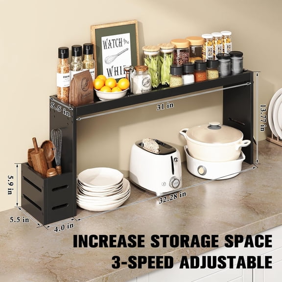 Bamboo Stove Shelf, Spice Shelf for Kitchen Stove, 31in Over the Stove Shelf, Stove for Back of Stove with EVA Kitchen Liner, Utensil Holder & 6 Hooks, for Over Stove(Black)