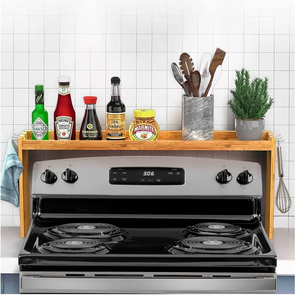 Bamboo Over the Stove Spice Shelf for Kitchen, 31.5" Spice Rack Organizer Shelf with 6 hooks, 11.4" Height Extra Storage Countertop, Easy to Assemble