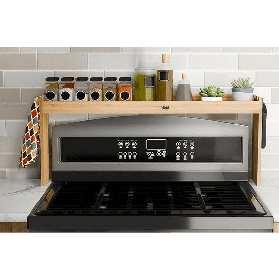 Bamboo Over the Stove Spice Shelf for Kitchen Storage, 31.5" Spice Rack Organizer Stove Top Shelf with 6 hooks, 11.4" Height Extra Oven Back Sink Countertop, Easy to Assemble