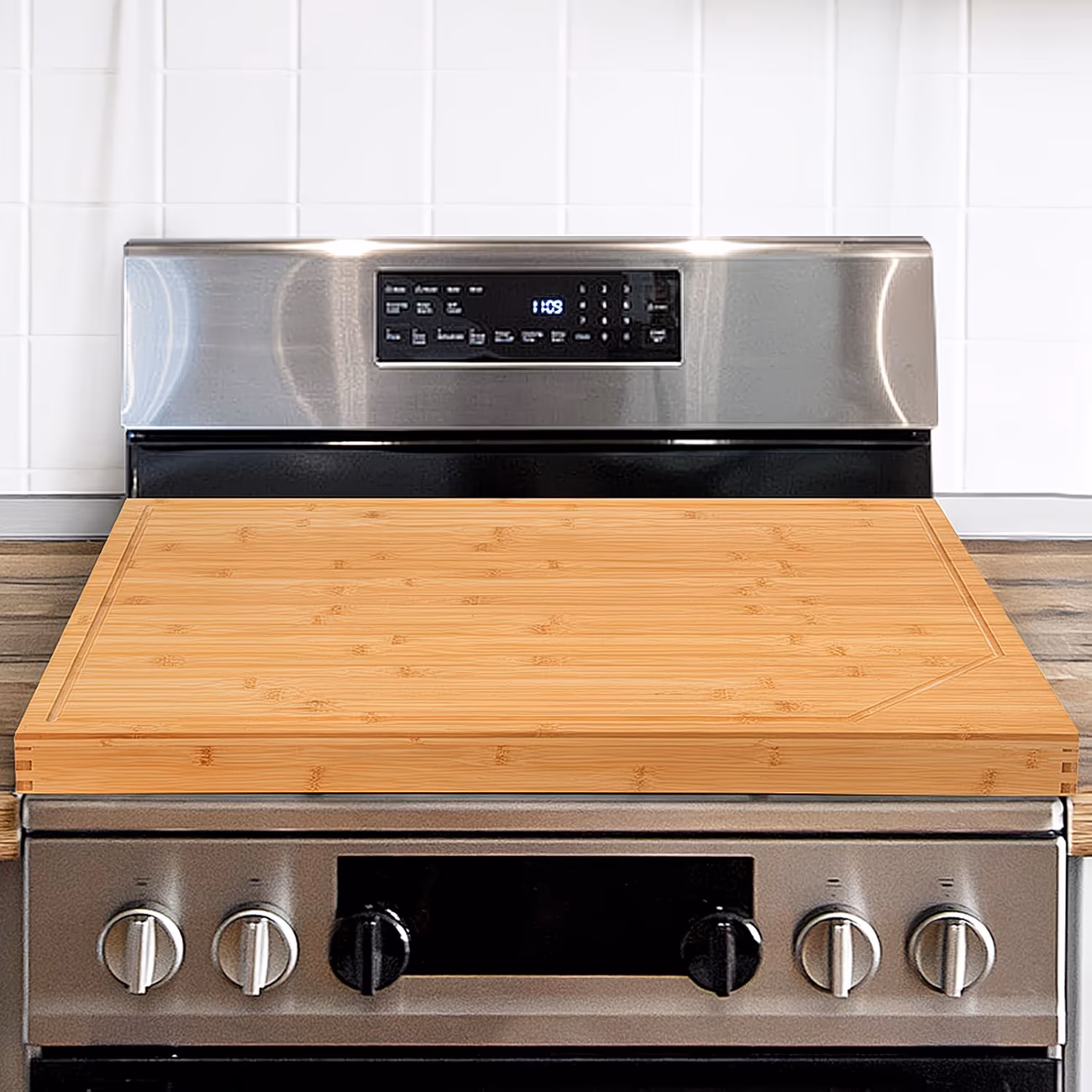 Bamboo Stove Top Cover – Noodle Board for Gas & Electric Stovetop – Extra Counter Space Board with Handle Grooves – Multipurpose Sink Cover & Light Cutting Board
