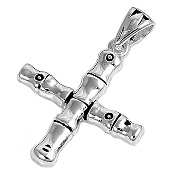 Bamboo Style Cross Pendant .925 Sterling Silver High Polish Charm Jewelry Female Unisex