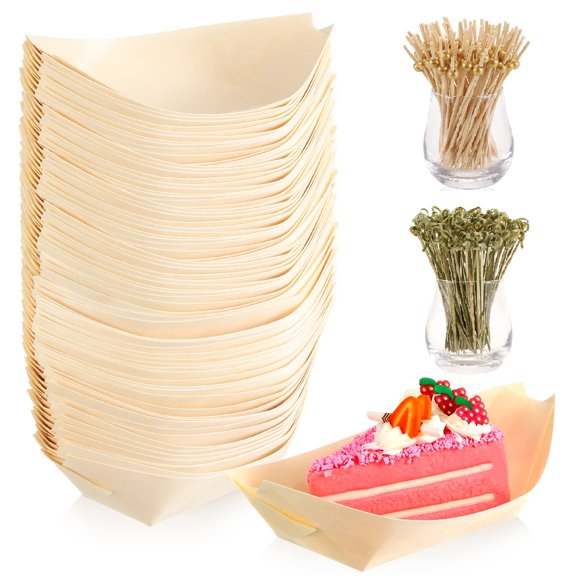 Bamboo Sushi Boat Plates and Cocktail Pick Set 200 Plates 200 Skewers 5.3x3in