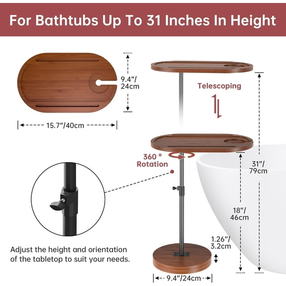 Bamboo Swivel Sofa Armrest Tray Table for Couch with Thickened Stable Base, Adjustable Height TV Tray Side Table with 360 ° Rotating for Bath Tub Hot Tub Bedside Balcony, Brown