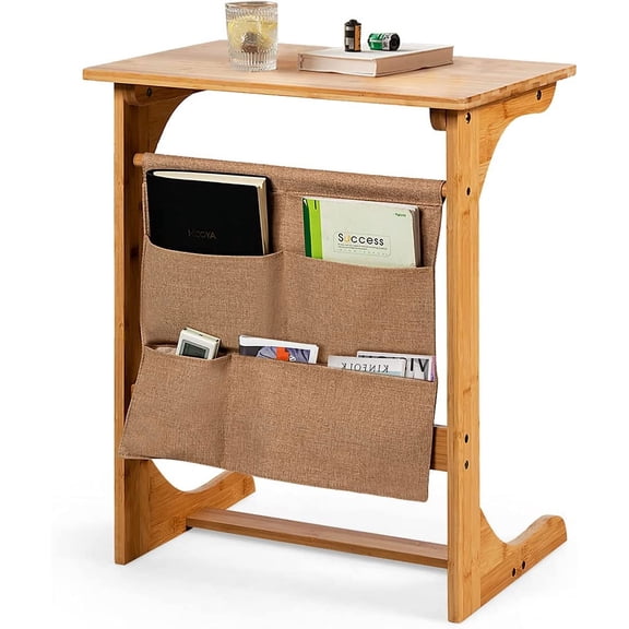 Bamboo TV Tray Table, C-Shaped Sofa Side End Table with Storage Bags, Compact Snack Table Bed Side Table, Multipurpose Side Table for Small Space (Natural)