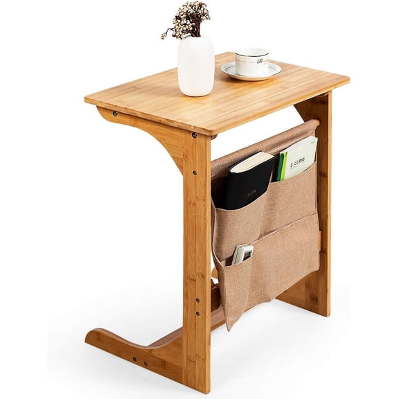 Bamboo TV Tray Table for Living Room, Sofa Side Table, Snack End Table w/Storage Bag, C-Shaped Bed Side Table, Multifunctional Bedside Table for Home, Office