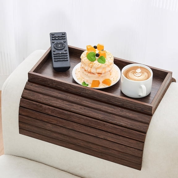 Bamboo TV Tray with Storage, Couch Armrest Table, Fits 6 in and Wider, Carbonized Brown