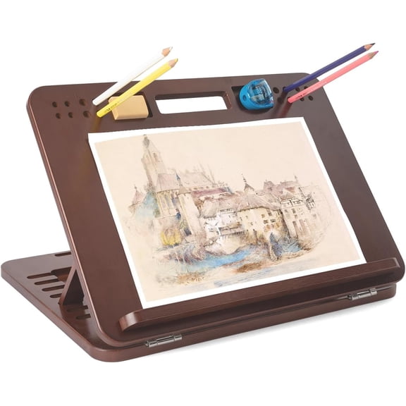 Bamboo Table Easel, 16 x 12 Inch Adjustable Drawing Board, 6-Position Desktop Drafting and Sketching Board with Handle and Back Storage for Drawing, Painting, Reading and Writing