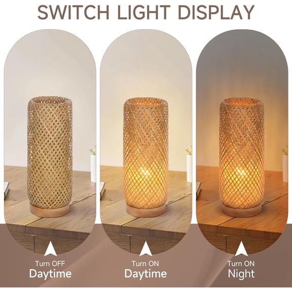 Bamboo Table LampBoho Rattan Bedside Lamp for Bedroom, Vintage Wicker Wooden Nightstand Lamp Shade Rustic Farmhouse Indirect Lighting Accent Light Decor for Living Room