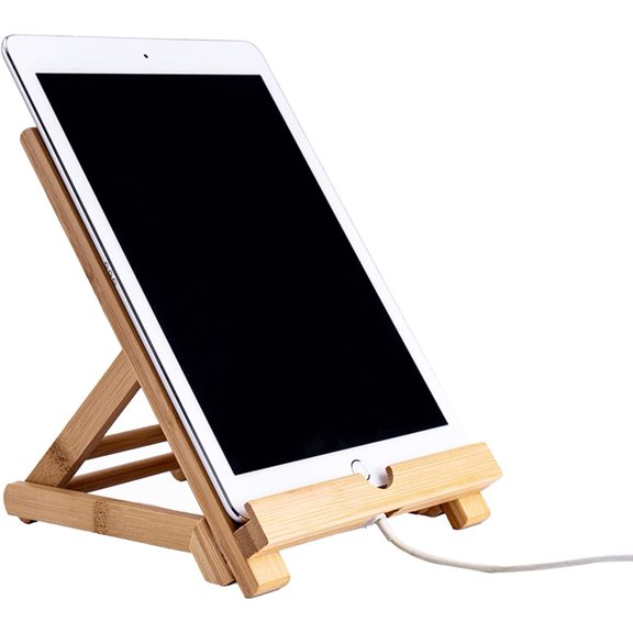 Bamboo Tablet Stand Adjustable Folding Bamboo Ipad Stand Tablet Holder with Chargeable Hole for Desk