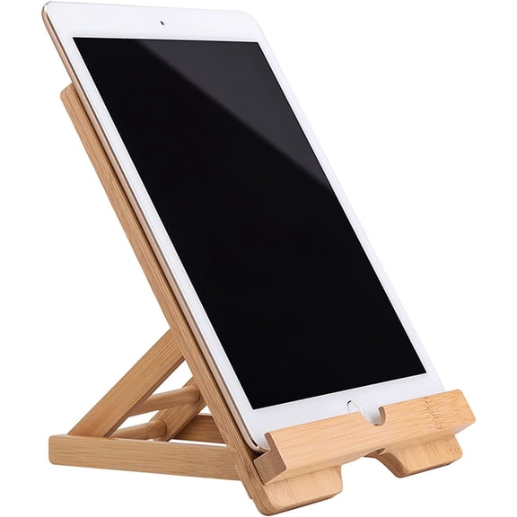 Bamboo Tablet Stand Holder Adjustable Folding Wood iPad Stand with Chargeable Hole for Desk iPad Cooking Stand