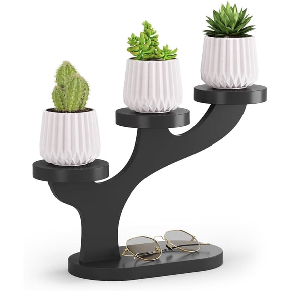 Black Bamboo 3 Tier Tabletop Plant Stand, Wooden Mini Shelf for Indoor Plants Flowers, Desktop Display Rack for Patio Balcony Living Room