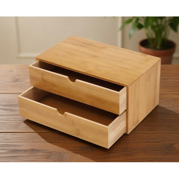 Bamboo Tabletop Storage Box with Two Drawers for Office and Home Small Item Organization