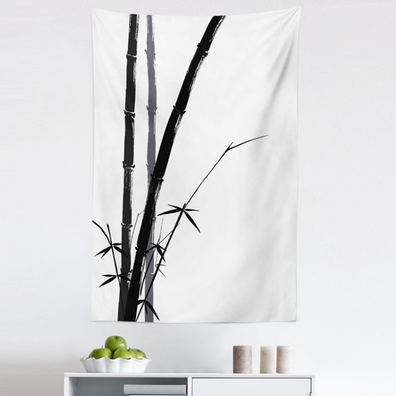 Bamboo Tapestry, Feng Shui Watercolor Japanese Ink Art Boho Bamboo Branches, Fabric Wall Hanging Decor for Bedroom Living Room Dorm, 5 Sizes, Charcoal Grey White, by Ambesonne