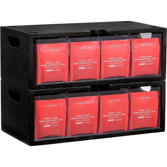 Bamboo Tea Bag Organizer for Cabinet & Countertop - 2-Piece Stackable Tea Box Set, Large Capacity Storage Containers for Tea Bags & Packets - Modular Pantry Organization & Kitchen Tea Station Holder