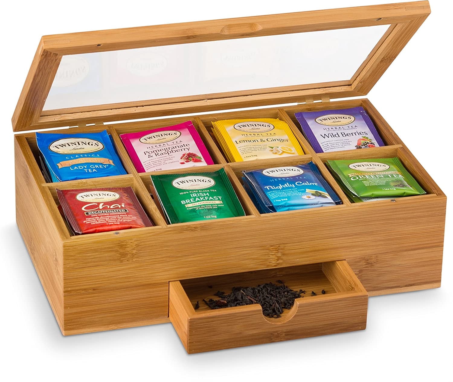 Natural Bamboo Tea Bag Organizer with Acrylic Window and Drawer