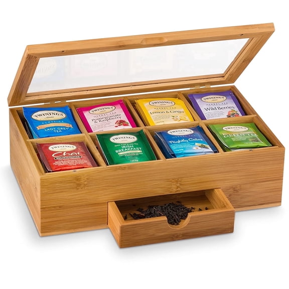 Bambusi Bamboo Tea Bag Organizer with Acrylic Lid, 8 Compartments, Tea Storage Box for Kitchen Countertop and Cabinet, Brown, 13.3 x 8.5 x 4.3 Inches