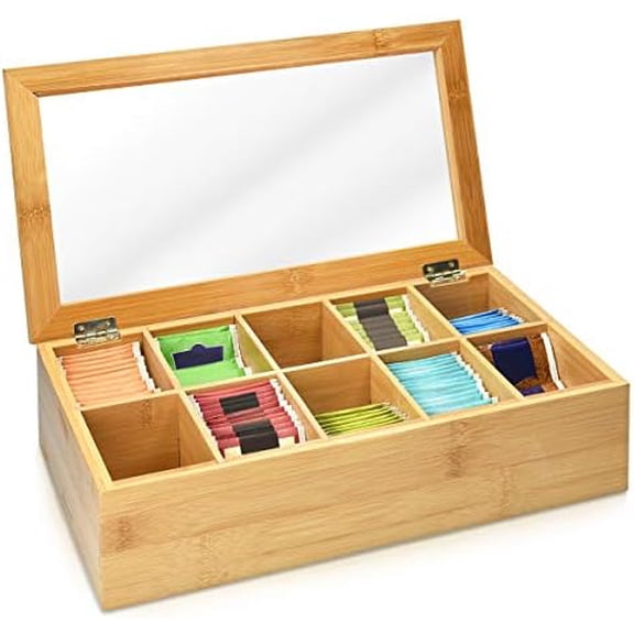 Bamboo Tea Box - Chest Organiser with 10 Compartments for Tea Bags - Wooden Case Container with Transparent Lid for Individual Tea Bag Storage$$Home Decor, Kitchen, & Other
