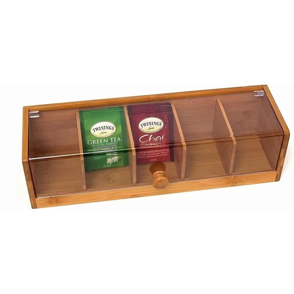 Bamboo Tea Box with Clear Acrylic Lid Tea Bag Organizer for Drawer Cabinet or Counter Tea Storage Box for Herbal Tea, Sugar Packets, Coffee Station Kitchen Tea Organizer with Compartments