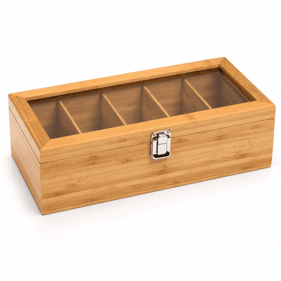 Bamboo Tea Box Organizer, 5-Compartment Wooden Tea Storage Case with Metal Latch for Tea Bags, Sachets and Small Accessories