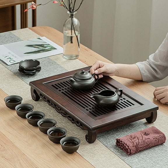 Bamboo Tea Serving Tray, Walnut, Tea Table with Tray-Drainage Water for Living Room