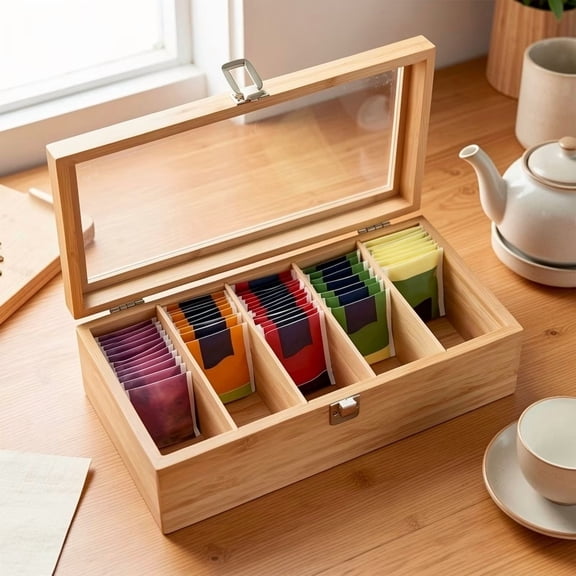 Bamboo Tea Storage Box 5 Compartments Acrylic Window Flip-Top Sealed Can Tea Bag Organizer for 4 Seasons Chinese Tea Set