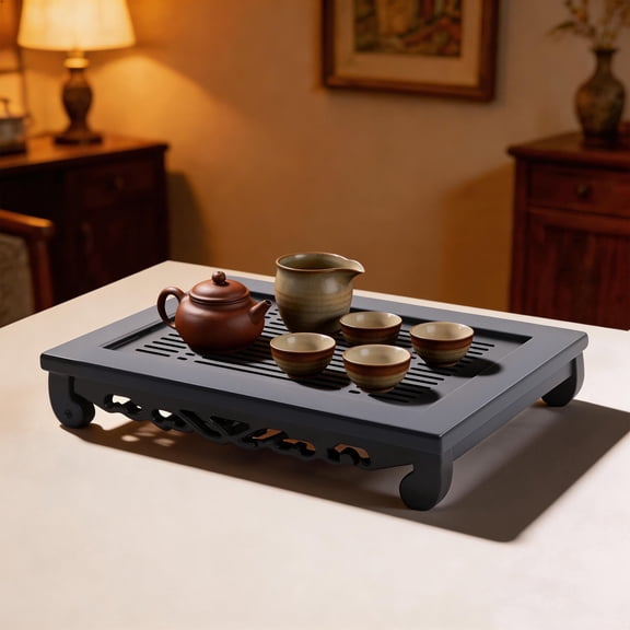 Bamboo Tea Table 1.06QT Capacity Water Storage Drawer Vintage Black Chinese Style Tea Serving Tray