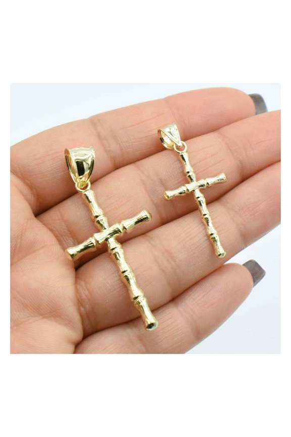 Bamboo Textured Cross Unisex Adult Pendant 10K Yellow Gold, 2.09 Gr- GOLDUM NYC