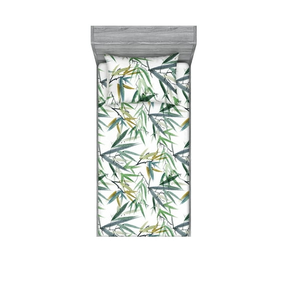 Bamboo Theme Fitted Sheet & Pillow Sham Set, Watercolor Tree Leaves Simplistic Botanical Composition of Nature, Decorative Printed 2 Piece Bedding Decor, Twin, Fern Green Blue Grey, by Ambesonne